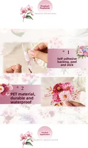 Detail showing waterproof PET floral stickers being peeled from backing with ease