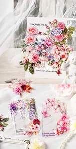 Detailed PET stickers featuring elegant pink roses and fairy motifs with gold foil accents