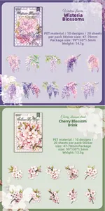 Detail showing waterproof PET floral stickers in wisteria and cherry blossom designs
