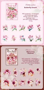 Detail view of waterproof PET floral stickers set with dimensions and specifications