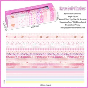 20-piece pink rose themed washi tape set for journaling and DIY crafts