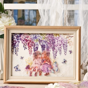 Fairy tale style wooden frame wall art with girls and wisteria flowers illustration