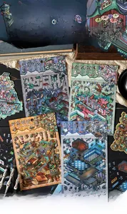 Detaillierte 3D-Miniatur-Abenteuerwelt-Aufkleber mit gruseligen Szenenillustrationen