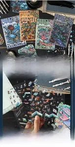 Detailansicht von 4 Horrorwelt 3D-Miniatur PET-Aufklebern mit Retro-Hintergründen