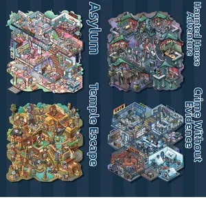 Detailansicht von vier 3D-isometrischen Motivaufklebern mit kreativen Szenendesigns