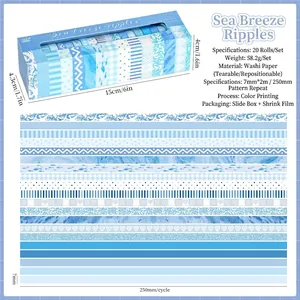 Seashore Ripples washi tape set with 20 rolls of blue ocean wave and bubble patterns