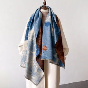 Écharpe Hiver Femme Épaisse Chaude Imitation Cachemire Châle Imprimé Peinture À L'huile Artistique Enveloppement À Franges