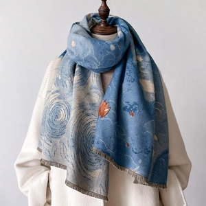 Écharpe épaisse style peinture à l'huile avec pompons en bleu et beige pour femme
