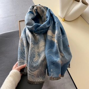 Écharpe style peinture à l'huile en imitation cachemire avec franges pour femme