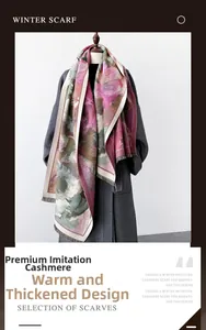 Close-up of floral oil painting print scarf with tassel edge on thick faux cashmere