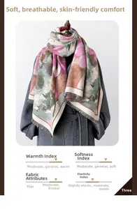 Detail of oil painting print shawl scarf with fine fringe trim and thick warm texture
