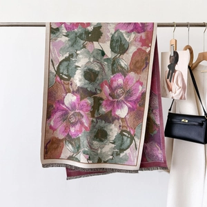 Artistic oil painting floral scarf with tassels for winter warmth and elegant styling