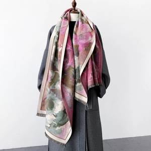 Retro Oil Painting Floral Print Scarf Shawl Faux Cashmere Long Thick Warm Fringe Wrap For Women