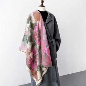 Floral oil painting warm thickened scarf shawl with fringe edge for autumn winter