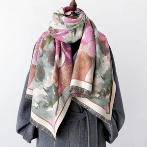 Winter oil painting print thick warm scarf shawl for women with elegant tassels