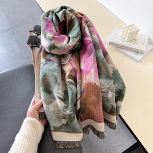 Thick winter scarf with vintage oil painting floral print and tassel hem details