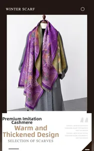 Detail of purple and gold floral winter scarf made of thick warm faux cashmere