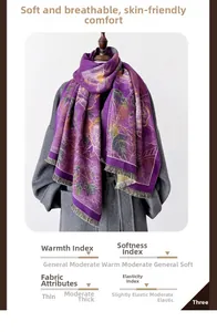 Detail of oil painting style scarf with purple floral pattern and tassel edges