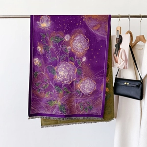 Artistic oil painting style purple cashmere scarf with golden rose floral pattern for winter