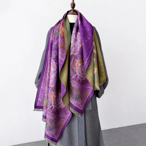 Women's Imitation Cashmere Scarf Large Shawl Oil Painting Floral Print Warm Thick Long Wrap With Tassels