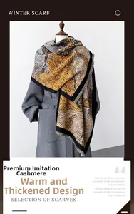 Detail of oil painting style imitation cashmere scarf with thick warm texture for winter