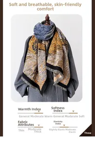 Close-up of artistic oil painting scarf with tassels showing thick warm fabric texture