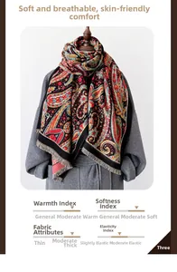Detail of vintage paisley pattern scarf with indicators for warmth and soft texture