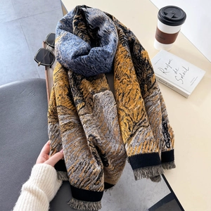 Artistic oil painting thick winter shawl with abstract jacquard pattern and fringe