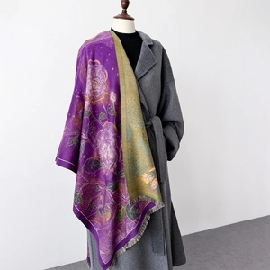 Deep purple cashmere-like shawl with vintage green floral print and fringe details