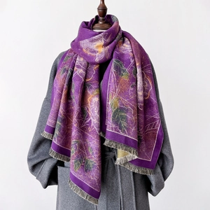 Artistic oil painting style purple cashmere feel scarf with orange floral pattern and tassels