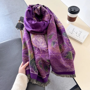 Deep purple oil painting cashmere scarf with rose pattern and fine fringes for women