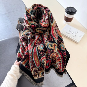 Women's paisley cashmere-feel scarf with tassels, colorful bohemian pashmina shawl