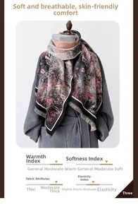 Gros plan d'une écharpe à pompons imprimée avec motif floral montrant une texture douce