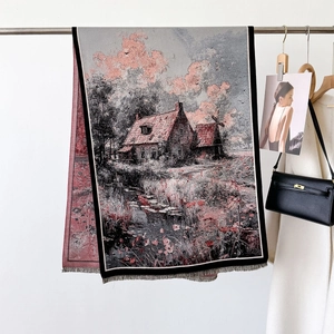 Écharpe artistique imprimé peinture à l'huile avec maison et franges au style chic