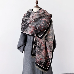 Châle Écharpe Élégant En Imitation Cachemire Pour Femmes Enveloppe D'Hiver Épaisse Et Chaude Avec Glands Et Imprimé Paysage Peinture À L'Huile