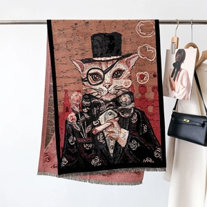 Retro oil painting style woven scarf featuring a gentleman cat portrait with fringe edges