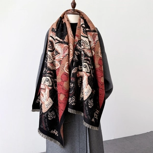 Artistic Oil Painting Scarf Thick Warm Imitation Cashmere Polyester Shawl Long Vintage Floral Cat Print Fringe