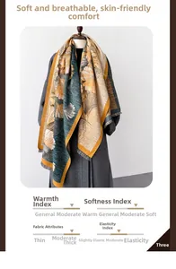 Detail of oil painting style scarf featuring golden ginkgo leaf pattern and fringe trim