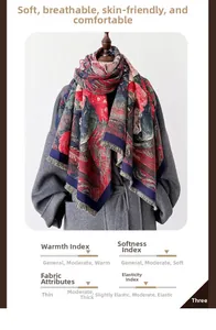 Detailed view of digital oil painting scarf with rich red tones and delicate tassels