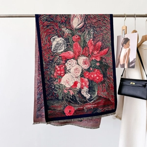 Artistic oil painting floral scarf in vibrant red with elegant fringe and warm texture
