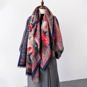 Oil Painting Floral Print Scarf Shawl Imitation Cashmere Thick Warm Winter Wrap Fringe Tassel Elegant For Women