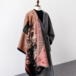 Thick artistic oil painting style scarf with cat pattern and fringe for women