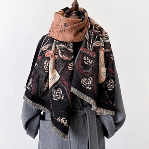 Winter oil painting rose scarf thick warm pashmina shawl with tassel detail for women