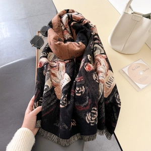 Artistic oil painting rose print thick scarf with tassels for winter warmth