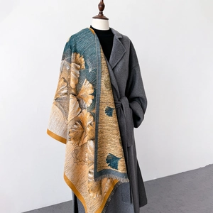 Thick warm winter scarf with oil painting ginkgo leaf pattern and elegant fringe