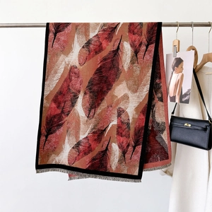 Thick autumn oil painting scarf with feather print and delicate tassel edges