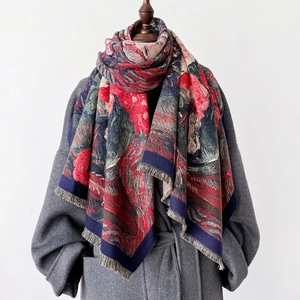 Deep blue oil painting floral scarf with fringe, soft warm wrap shawl on grey coat