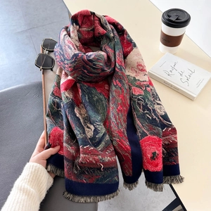 Artistic oil painting floral scarf in navy and red with subtle fringe for winter