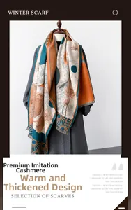 Detail of premium thick cashmere-feel scarf with lotus prints and tassel fringe edges