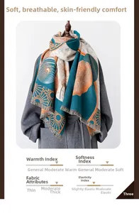 Detailed view of the vintage floral print scarf texture and warm fringe tassels